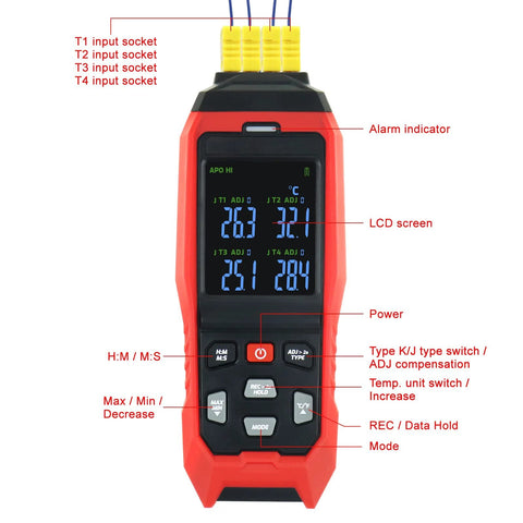 Thermocouple thermometer data logger, red handheld, 4-channel digital K-type with LCD and yellow input ports.