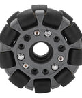 100mm double omni-directional plastic wheel with black rollers on a grey hub for racing robots
