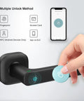 Slick Smart Door Lock with Fingerprint and NFC App Control, Bluetooth keyless entry in modern black finish, showing unlock methods.