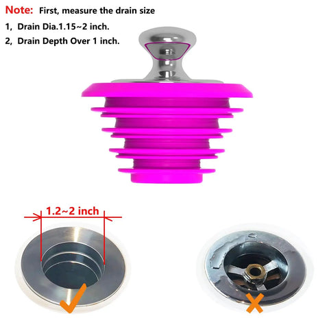 Pink Silicone Bathtub Stopper With Chrome Plated Handle For Standard Drains Super Snug Seal Zero Drip Guarantee Smooth Grip Straight Up Premium Bathroom Sink Plug Effortless Swap with measurement details.