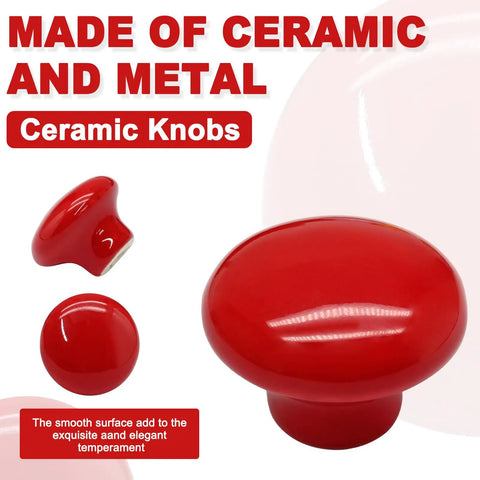 Totally Rad Red Ceramic Cabinet Knobs, 32mm Standard Round Pull Handles For Kitchen Cupboards And Drawers, 10 Pack Set With Screwdriver Included, Charming Decor Accent close-up of red ceramic knob with smooth finish.