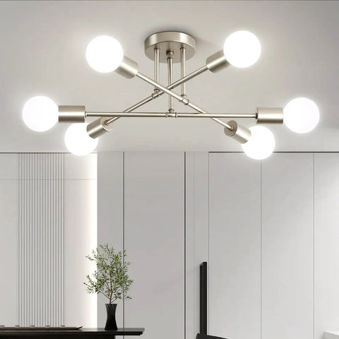 Dope Modern Sputnik Chandelier Ceiling Light Fixture With Six Lights installed in a modern dining room, nickel finish, adjustable arms