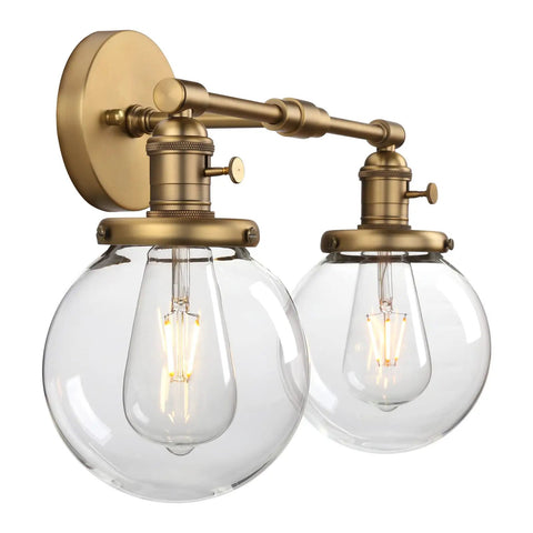 Industrial Style Double Wall Sconce Light, Hardwired, 5.9 Inch Round Clear Glass Shade, On Off Switch, Dope Brushed Finish