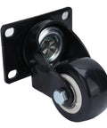 Solid 2.5 Inch Heavy Duty Swivel Casters Featuring Twin Ball Bearings And Quiet Rolling Polyester Wheels For Warehouse Carts And Utility Furniture Built Tough For Daily Grind, close-up view of a black caster wheel.