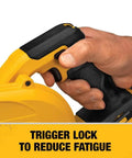Hand using trigger lock on 20V Max Cordless Leaf Blower With 100 CFM Airflow, 3 Speed Variable Switch, Bare Tool Only DCE100B.