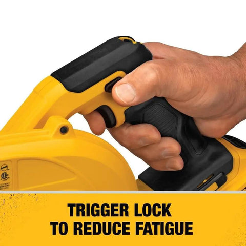 Hand using trigger lock on 20V Max Cordless Leaf Blower With 100 CFM Airflow, 3 Speed Variable Switch, Bare Tool Only DCE100B.