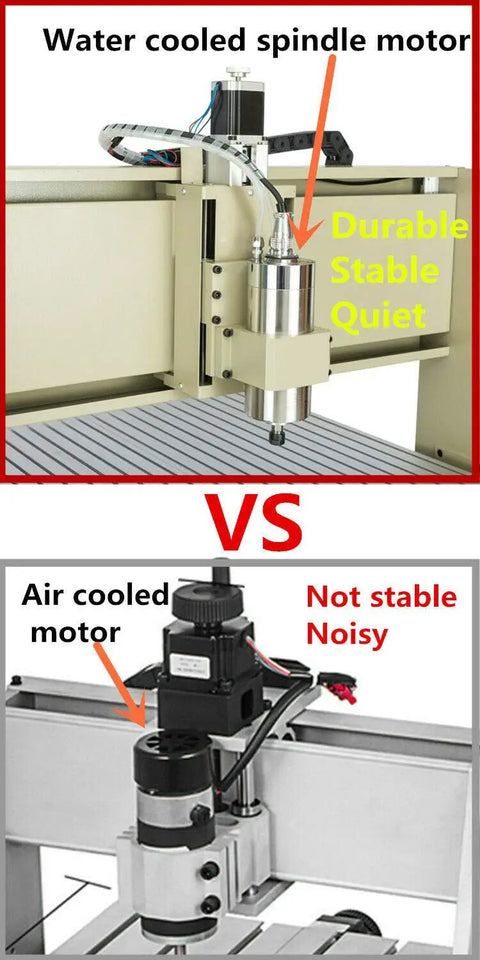 Comparison of water-cooled vs. air-cooled spindle on 4 Axis Router Engraver USB CNC 6090 2.2KW for woodworking and engraving.