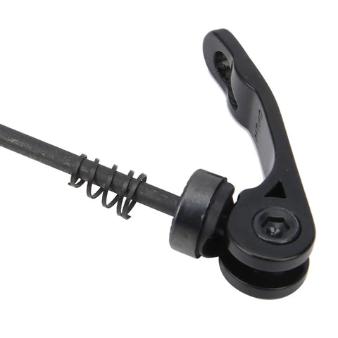 Close-up of Dual Pack Aluminum Alloy Quick Release Skewers for Mountain and Road Bikes, showing lever and spring detail.