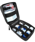 Black EMT first aid kit pouch opened to reveal organized MOLLE pockets with bandages, gauze, scissors and alcohol pads.