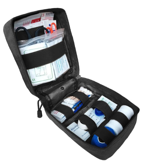 Black EMT first aid kit pouch opened to reveal organized MOLLE pockets with bandages, gauze, scissors and alcohol pads.
