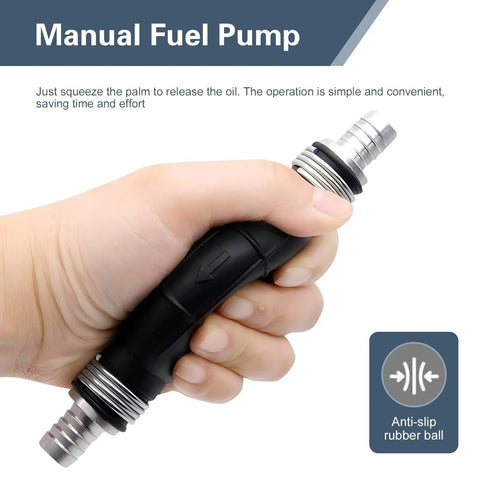 Hella Durable Handheld Fuel Transfer Pump With Leak Proof Check Valve, Heavy Duty Rubber Primer Bulb Adapter being held for manual operation.