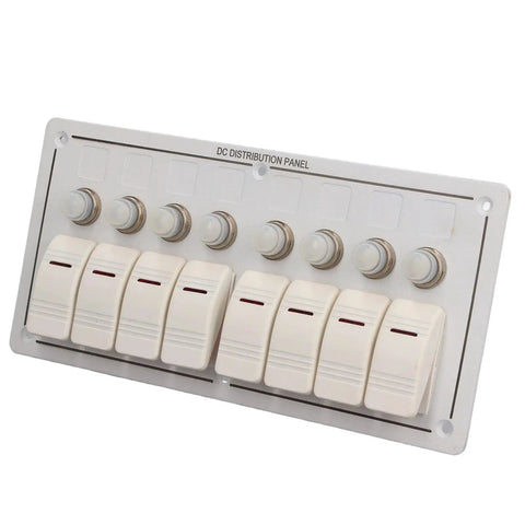 Beefy 8 Gang Toggle Switch Panel In Aluminum Alloy With Overload Protector And Red LED Indicator For 12V Marine Ship Yacht RV Bus And Automotive Electrical Systems IP65 Waterproof Control Panel, front view