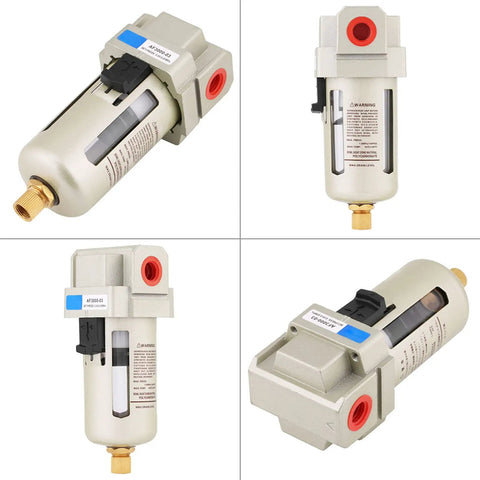 Heavy Duty Aluminum Water Filter for Compressed Air Systems with Auto Drain, G3/8 pipe size, multiple angles showing design