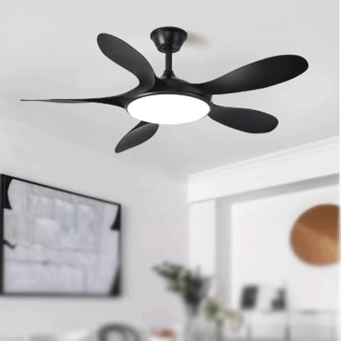 YPDJVLTI Ceiling Fans Lights 46-56Inch LED Fandelier with black blades and round light fixture in modern living room setting.