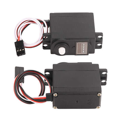 Smooth Operator High Speed Standard RC Servo Motor Featuring Tough Plastic Gears And Durable Metal Output Spline Quiet Tech from top and side views.