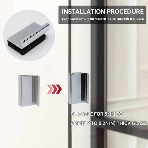 Six Pack 1.6 Inch Glass Finger Edge Pull Clips for Window Display Cabinets polished chrome finish installed on glass panel suitable for 5mm to 6mm.