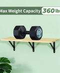 12 Pack Beefy Built Shelf Brackets 8 X 6 Inches Aluminum Alloy Wall Mount Black, supports 360 lbs with dumbbell on shelf