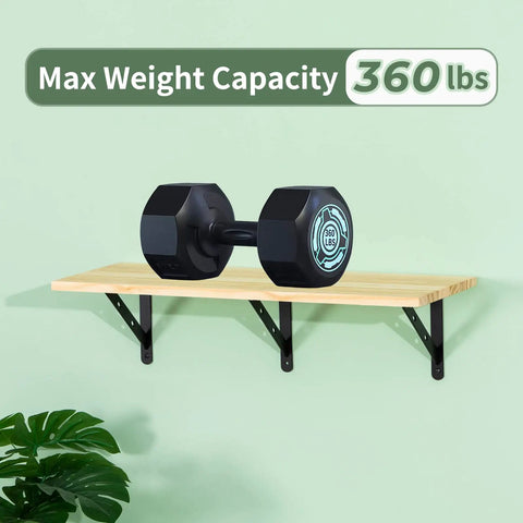 12 Pack Beefy Built Shelf Brackets 8 X 6 Inches Aluminum Alloy Wall Mount Black, supports 360 lbs with dumbbell on shelf