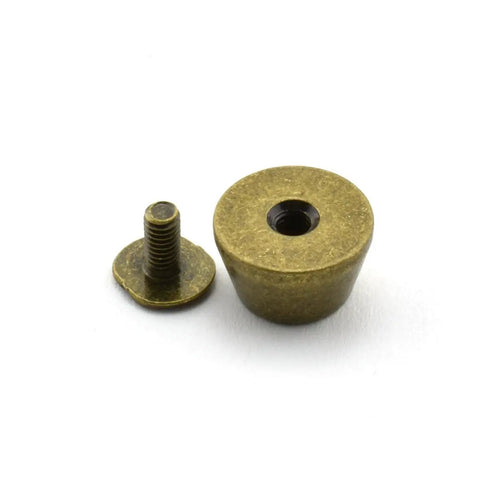 25 Pack Solid Brass Cone Spike Screw Back Studs For Purse And Handbag Feet Heavy Duty Antique Bronze Leather Craft Hardware showing cone and screw stem.