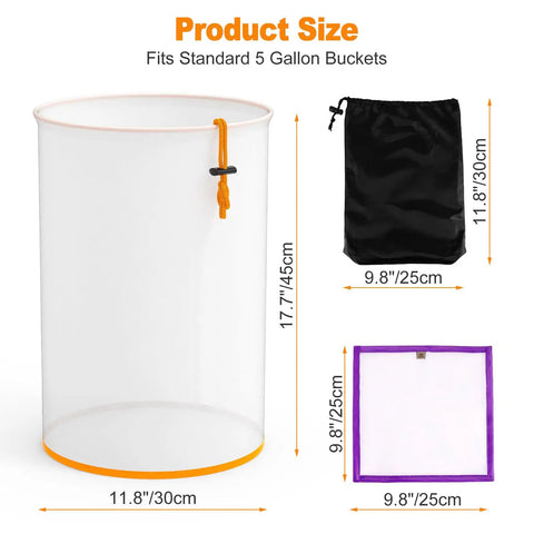 5 Gallon All Mesh Strainer Bags 8 Pack Kit With Multi Size Filters And Premium Pressing Screen dimensions image