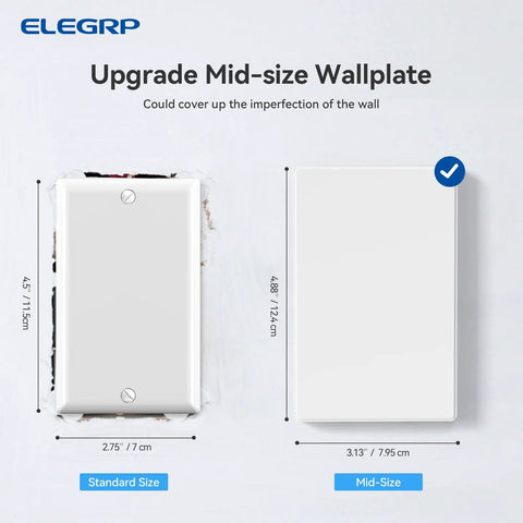 1 Gang Screwless Blank Wall Plate Cover Mid Size 4.88 Inch Tall And 3.13 Inch Wide Unused Outlet Faceplate Matte White UL Listed