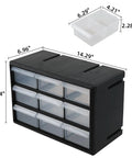 Top Shelf Nine Drawer Plastic Storage Cabinet With Easy Adjust Dividers For No Sweat Organization Small Parts Sorting Craft Supplies And Wall Mount Desktop Tool Box dimensions showing nine clear bins.