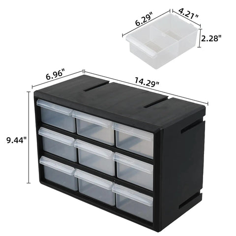 Top Shelf Nine Drawer Plastic Storage Cabinet With Easy Adjust Dividers For No Sweat Organization Small Parts Sorting Craft Supplies And Wall Mount Desktop Tool Box dimensions showing nine clear bins.