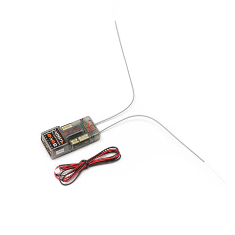 Six Channel AS3X Plus and SAFE Telemetry Receiver for Model Aircraft with one wire and cables shown on white background