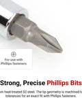 Close-up of Phillips bit from Pro-Grade Eight-Piece One Quarter Inch Drive Phillips And Slotted Bit Socket Set with rail.