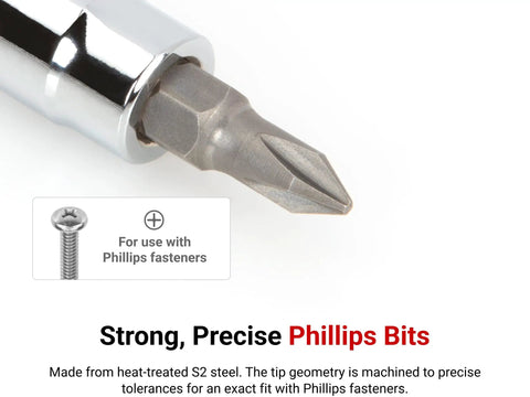 Close-up of Phillips bit from Pro-Grade Eight-Piece One Quarter Inch Drive Phillips And Slotted Bit Socket Set with rail.