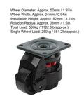 Close-up of a caster from the Four Piece Heavy Duty Ball Bearing Leveling Casters Set For Industrial Use, showing dimensions and load capacity.