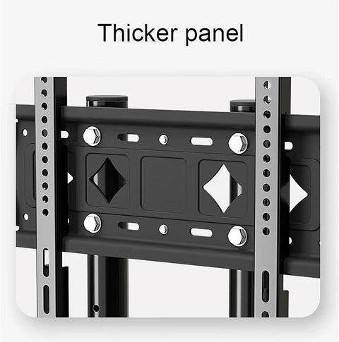 Detailed view of the thicker panel on the Straight Up Solid Rolling TV Cart With Height Adjustable Monitor Arms And Heavy Duty Mobile Entertainment Stand.
