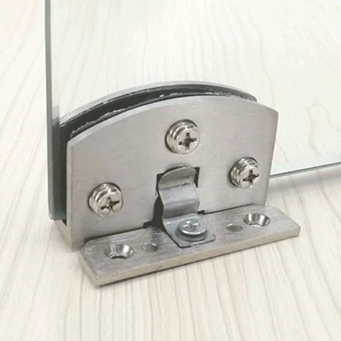 No Drilling Heavy Duty Clamp Alloy Hinge for Glass Cabinet Doors and Wine Cabinets in black, installed on a wood surface