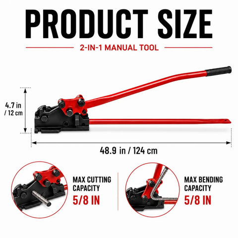 Heavy Duty 2 In 1 Manual Rebar Bender And Cutter Tool engineered for precision, showing size dimensions 48.9 in and 4.7 in.