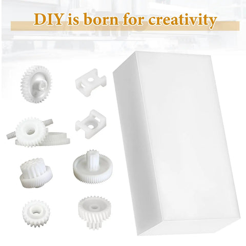 Two Pack HDPE Plastic Blocks 2 In By 3 In By 6 In High Density Polyethylene with DIY gears and components around.