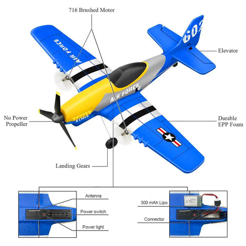Diagram of P-51D Mustang 3 Channel RC Plane With Ready To Fly Setup, 2.4GHz Remote Control, 6-Axis Gyro Stabilizer, detailing components.