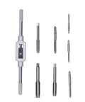 Premium 8-Piece Tap And Die Set Made With Tough Alloy Steel For Clean Metric Threading On Pipes And Hard Metals Like Aluminum And Carbon Steel Without Damage Or Stripping Includes Wrench And Seven Taps, alloy steel taps with wrench on white background