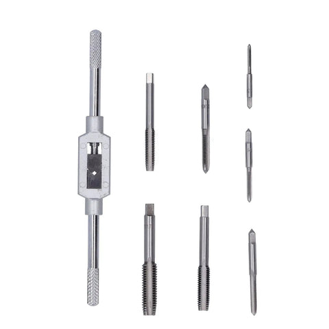 Premium 8-Piece Tap And Die Set Made With Tough Alloy Steel For Clean Metric Threading On Pipes And Hard Metals Like Aluminum And Carbon Steel Without Damage Or Stripping Includes Wrench And Seven Taps, alloy steel taps with wrench on white background