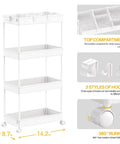 Four Tier Rolling Cart On Wheels With Three Hanging Baskets Easy Assembly Craft Art Trolley Organizer, white, with dimensions and features highlighted.