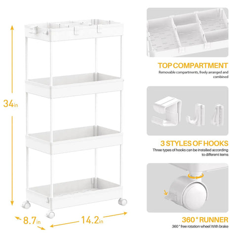 Four Tier Rolling Cart On Wheels With Three Hanging Baskets Easy Assembly Craft Art Trolley Organizer, white, with dimensions and features highlighted.