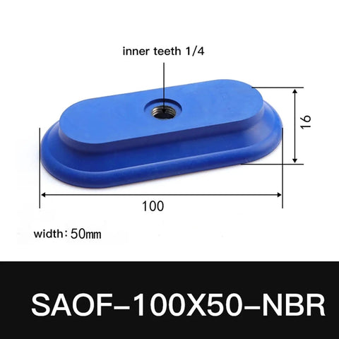 SAOF Oval Silicone Suction Cup 100X50 NBR Pneumatic Manipulator Gripper showing blue rubber vacuum sucker dimensions.