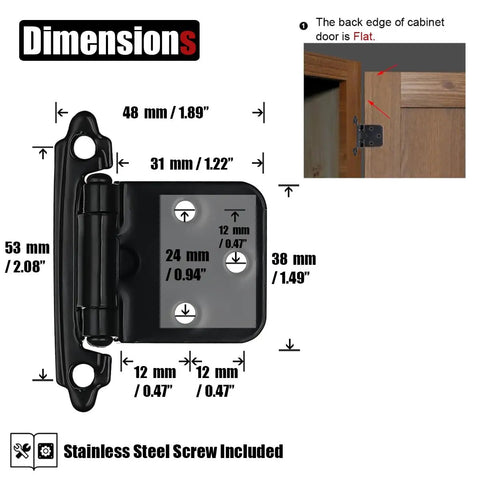 Half Inch Overlay Cabinet Door Hinges Black 60 Pack 30 Pairs Flush Face Mount Self Closing Kitchen Hinges Dimension Details