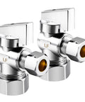Two chrome-plated brass angle stop valves with compression fittings, quarter-turn shut-off.