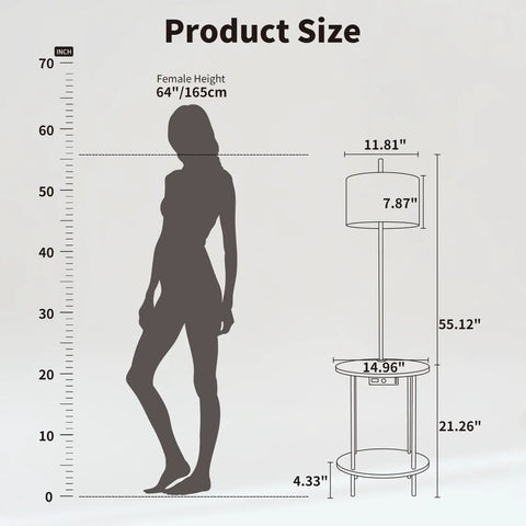 Space Saving Floor Lamp With Built In Round Table And USB Type C And USB A Charging Ports 9W LED Bulb Nightstand size chart