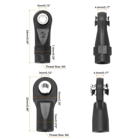 Beefy Lever Steering Linkage Ball Head Ends Kit For RC Crawlers, M4 thread, 24mm and 22mm, alloy black