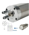 Top Shelf 2.2kw Water Cooled Electric Woodworking Spindle Motor showing connectors and wiring for CNC projects.