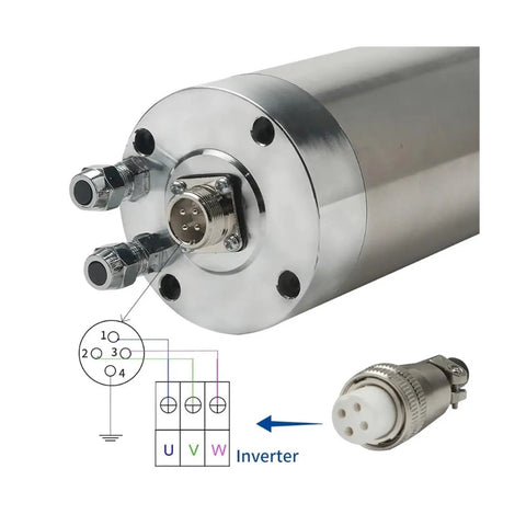 Top Shelf 2.2kw Water Cooled Electric Woodworking Spindle Motor showing connectors and wiring for CNC projects.