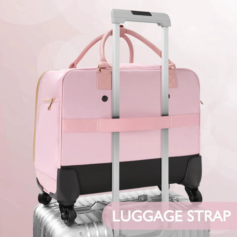 Pink TSA friendly rolling laptop bag for women with four spinner wheels and telescopic handle attached to a suitcase.