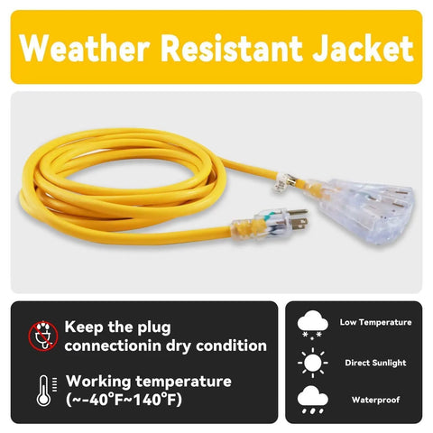 50 Ft 12 Gauge Heavy Duty Extension Cord With Lighted End 3 Outlet Indoor Outdoor Power Cable coiled, weatherproof yellow design