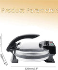Automatic Electric Roti Maker 10 Inch Non Stick Tortilla Press Machine with product dimensions and dial controls visible.